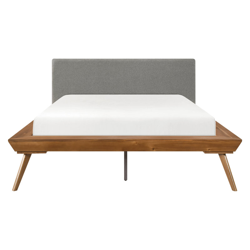 Lit plateforme double gris foncé avec tête de lit tapissier texturée châtaignier et mousse, Lit double