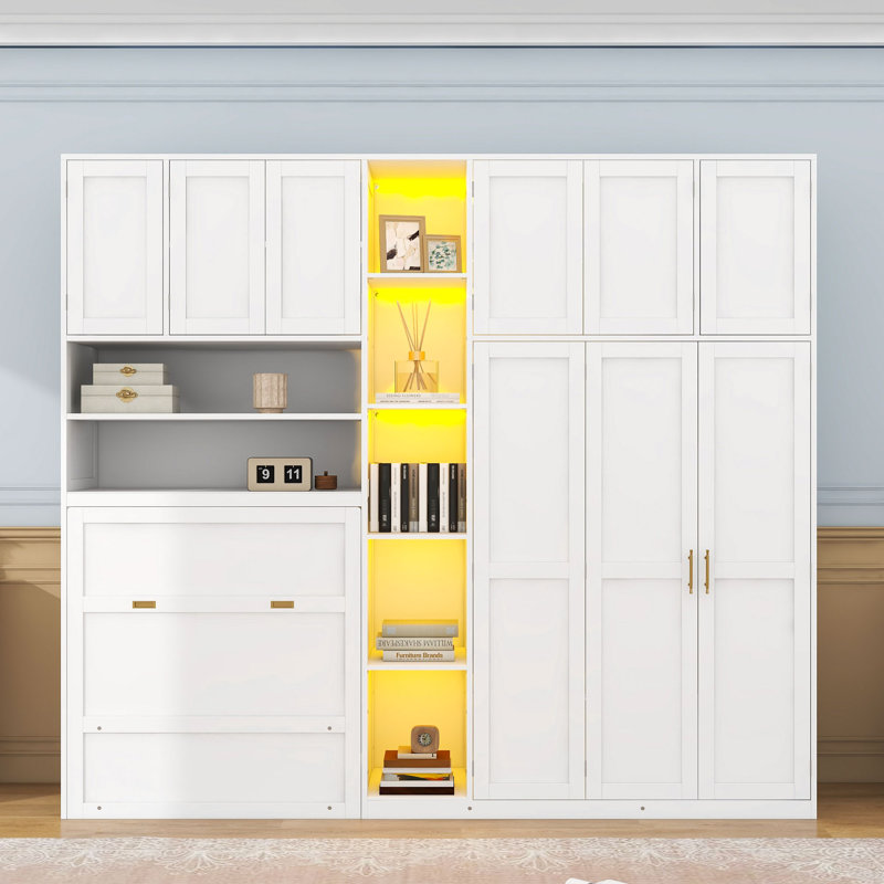 Lit escamotable simple avec garde-robe intégrée et tablettes, éclairage DEL, White