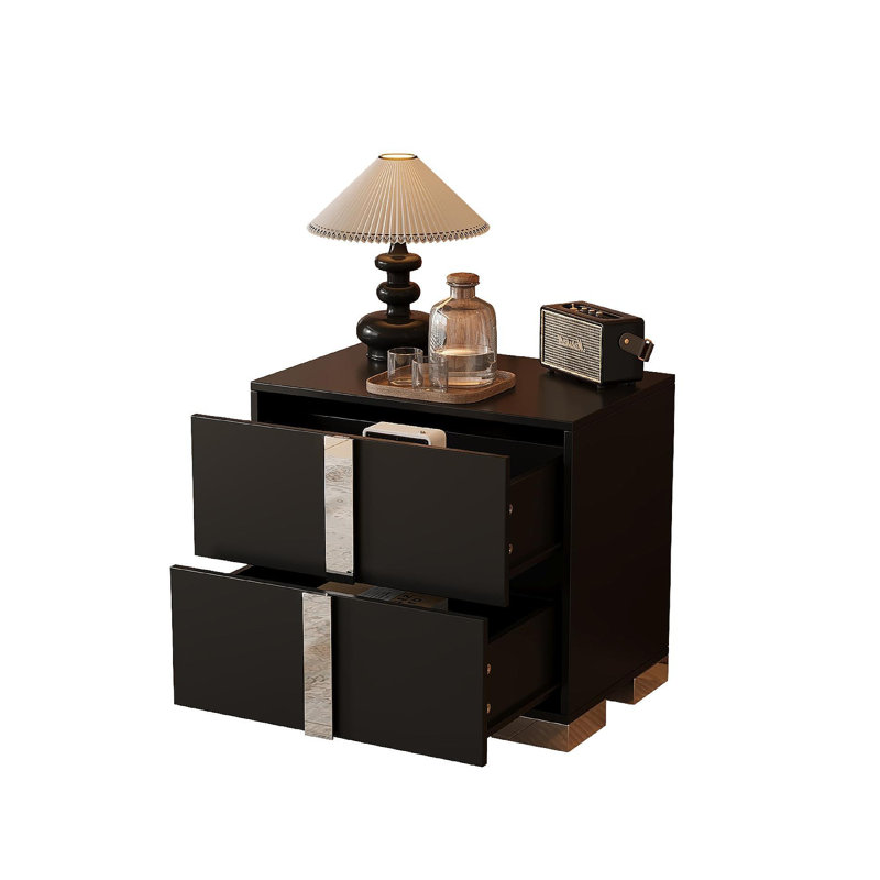 Table de chevet élégante avec pied en métal, table de chevet à miroir avec 2 tiroirs pour la chambre à coucher, salon, noir