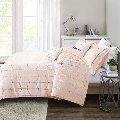 Édredon moderne rosé avec imprimé doré métallique et coussins doubles / grand losange