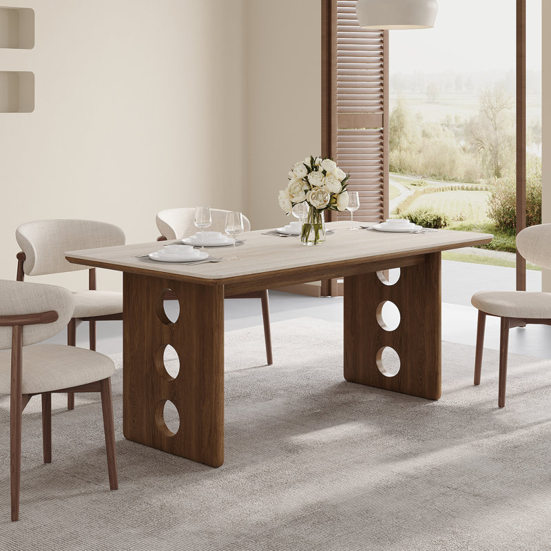 71" Rectangular Dining Table, Travertine & Wood Tabletop, Cutout Design Mdf Pedestal Legs, Modern Farmhouse Dining Room Table, Seats 4-6