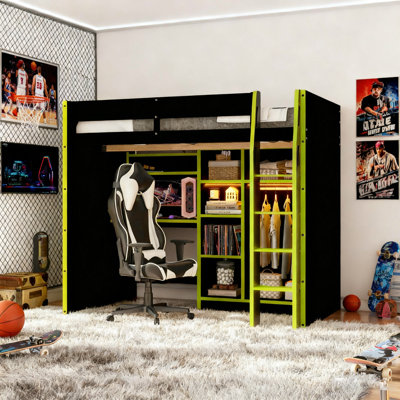 Modern Loft Bed With Desk, Storage Bookcase And Lighted Open Wardrobe