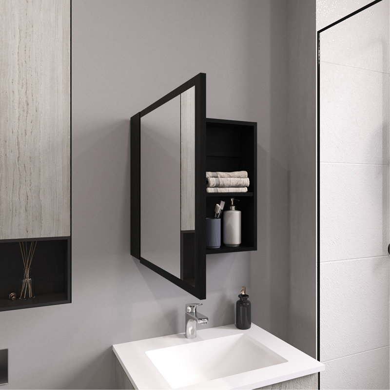 Armoire de salle de bain avec miroir H 21,1 po x l 19,7 po, noir, 4 tablettes intérieures et porte-serviettes noir, Noir