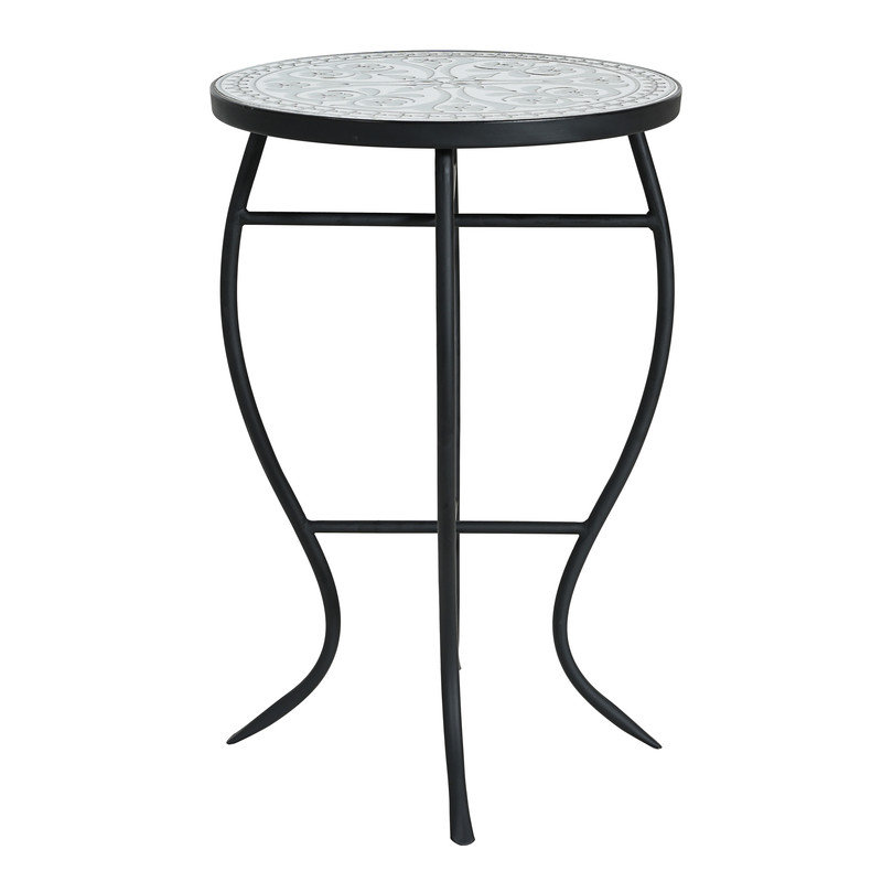 21" Gray Mosaic Round Outdoor Side Table with Curved Iron Legs, Gray