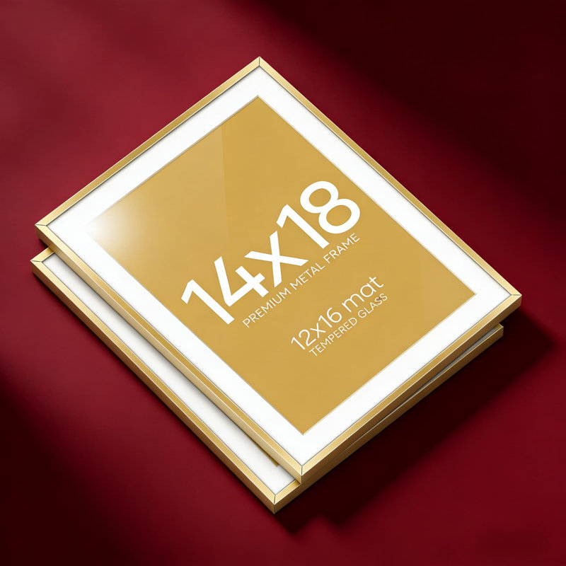 Professional 14X18 Picture Frame Set Of 2 With Mat And Tempered Glass, Modern Thin Metal Frame With Wall Hanging Kit, High Clarity Gallery Display For 12X16 Photos
