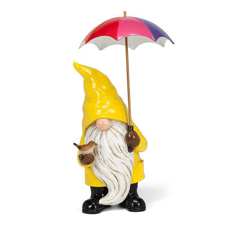  Grand gnome avec parasol et oiseau Figurine de jardin ou de tablette intérieure en résine 13,5 pouces