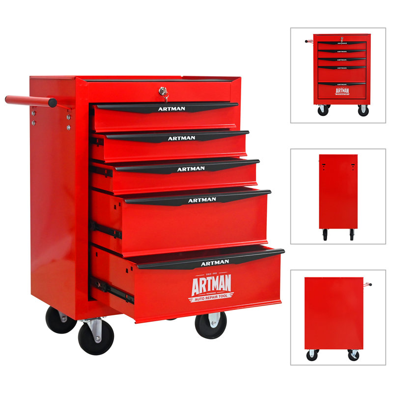 Coffre à outils roulant en métal avec 5 tiroirs, armoire à outils à 5 tiroirs de 20 po avec glissières à roulement à billes, coffre à outils en acier - rouge et noir
