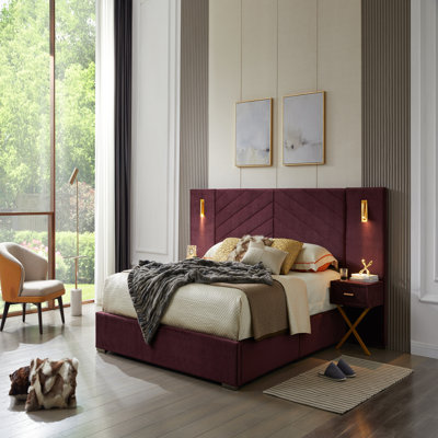 Luxurious Velvet Bed Frame With Vertical Channel Tufted Wingback Headboard, Upholstered Platform For Comfort And Style, Strong Wooden Slats, No Box Spring Needed, Easy Assembly