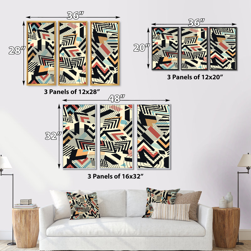 «Retro Geometrics In Blue Orange and Black», ensemble de 3 reproductions d'art encadrées sur toile, Noir, H 28 po x l 36 po