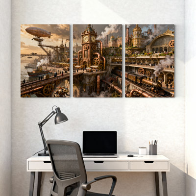 Fantasy & Sci-Fi Steampunk Cityscape With Clock Tower And Airship Set of 3 Canvas Wall Art Prints