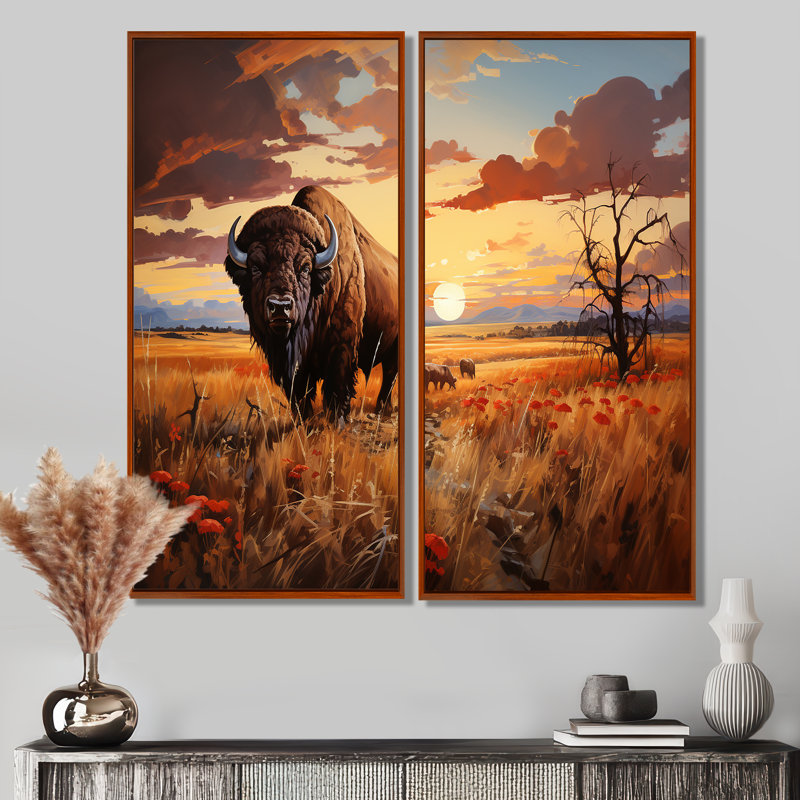 Art amérindien Bison Prairies I - décoration murale brune, H 20 po x l 24 po, Brun, Impression encadrée flottante