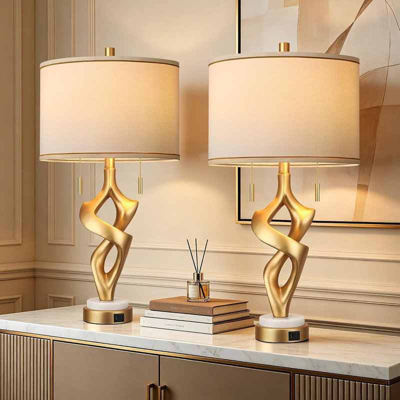 Ensemble de 2 lampes de table dorées, table de chevet moderne en résine avec base en marbre, ports USB A + C, interrupteurs à chaînette et 4 ampoules