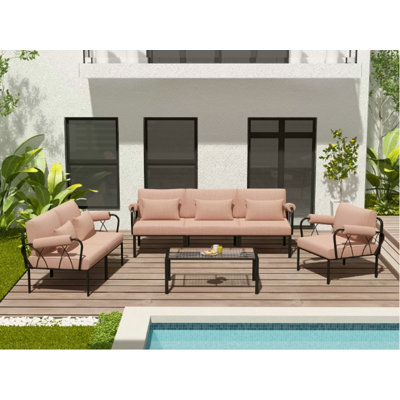 Ensemble de patio en tissu rose et noir Rajni (1 canapé, 1 causeuse, 1 chaise)