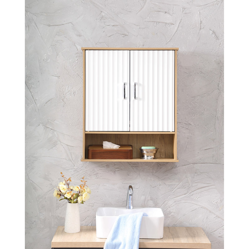 Armoire murale de salle de bain à double porte en bois naturel et blanc Wavy avec tablette intérieure réglable