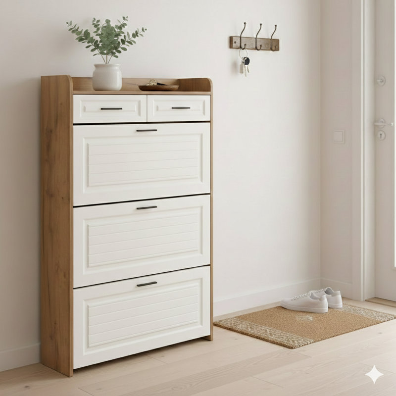 Shoe Cabinet With Three Concealed Flip-Up Doors And Two Standard Drawers, Particle Board Narrow Storage Unit, Freestanding Organizer For Entryways And Hallways (White And Walnut Combination)