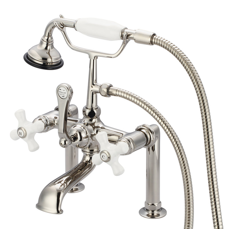 Stonington Deck Tub Spout, Polished Nickel, Porcelain Cross Handles