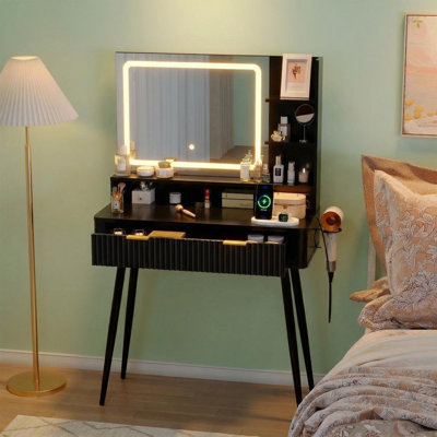 LED Vanity Desk with Mirror, 31.5" Dressing Table Featuring 3-Color Adjustable Lighting, Built-in Power Outlet & 2 Storage Drawers for Bedroom Makeup Organization, Black
