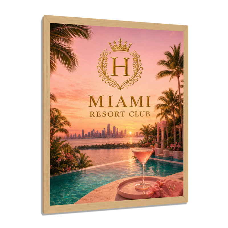 Miami Resort Club Sunset - Décoration murale glamour sur toile, 20" H x 12" W, Natural Picture Framed