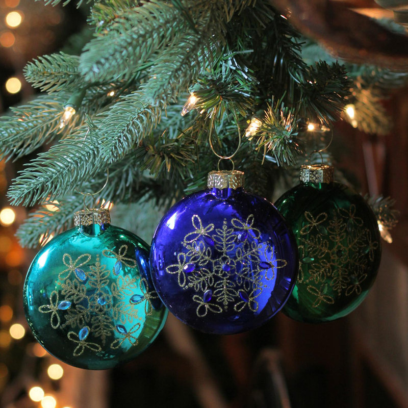 Ensemble de 3 décorations de Noël en forme de flocon de neige en forme de flocon de neige bleu et vert 3,25 po (82 mm)