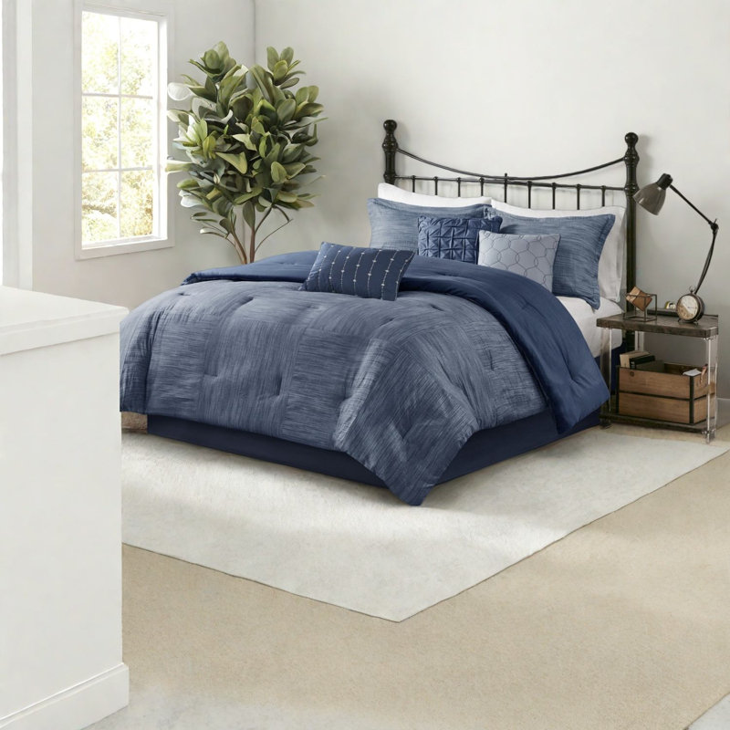 Ensembles de literie en microfibre bleu marine de qualité supérieure, seersucker moderne pour la décoration intérieure