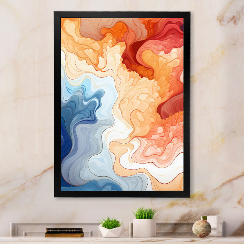 Vagues d'aquarelle bleues, orange et rouges, H 40 po x l 30 po, Cadre photo blanc