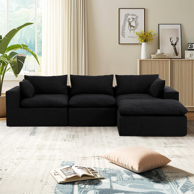 Canapé modulaire rembourré 4 pièces en chenille désossé 4 pièces, Chenille noir