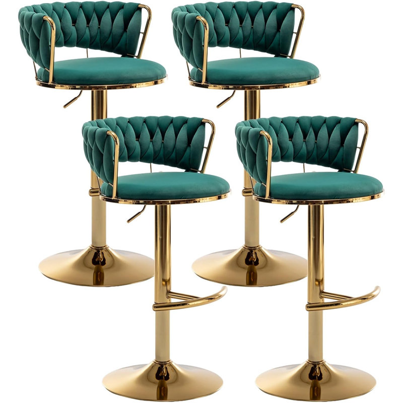 Swivel Bar Stools Set Of 4, Counter Height Bar Stools With Low Back, Velvet Adjustable Height Barstools, Gold Bar Stools For Kitchen Island, Pub