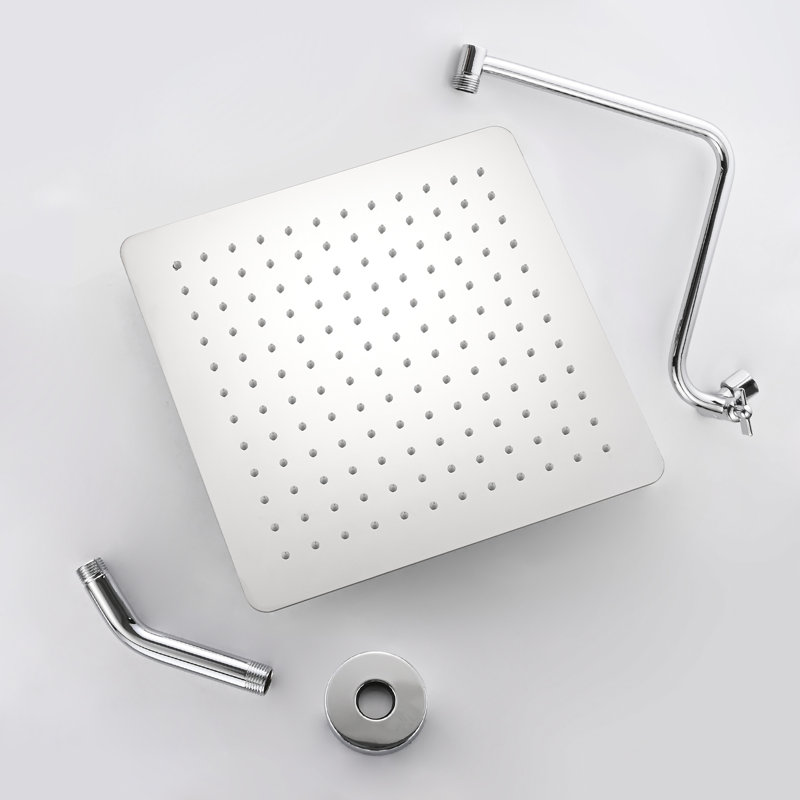 12" Square Showerhead With Adjustable Arm - Stainless Steel Construction, Self-Cleaning, Bathroom Accessory 12 Inch Rain Shower In Steel, Full Body Coverage, Wall Mounted Fixture