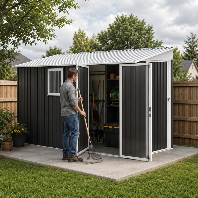 Remise de rangement noire et blanche en métal verrouillable pour le jardin