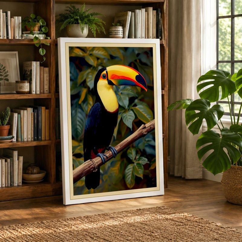 Toucan on Branch Tropical - Wrapped Canvas, 24x16 - 61.0 x 40.6 cm, Cream Border