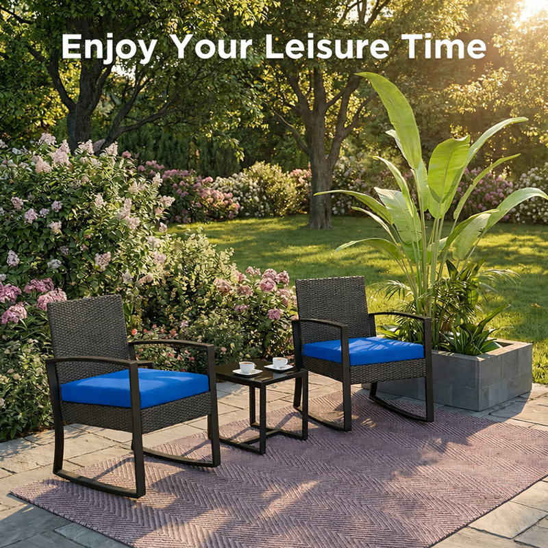 Ferlin 4-Person Outdoor Set – Wicker/Metal/Wood, Waterproof Cushions & UV-Resistant Frame, Blue