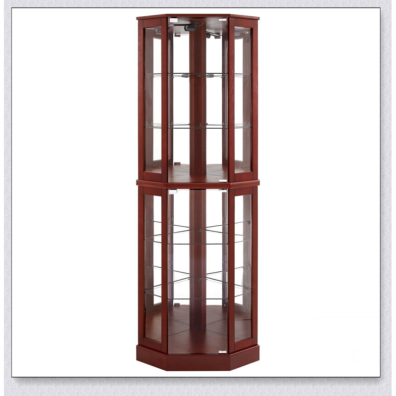 Vitrine de coin à 6 tablettes avec lumières, miroirs et tablettes réglables, Merisier