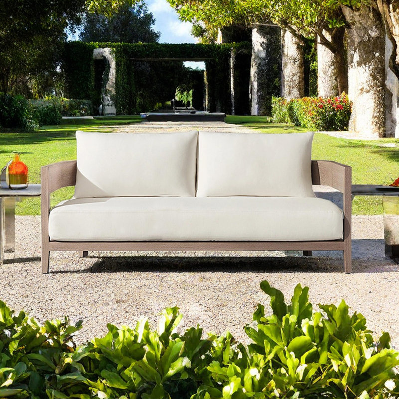 Teak Outdoor Sofa 61.81'' Wide Rectangle Wood Loveseat with Cushions