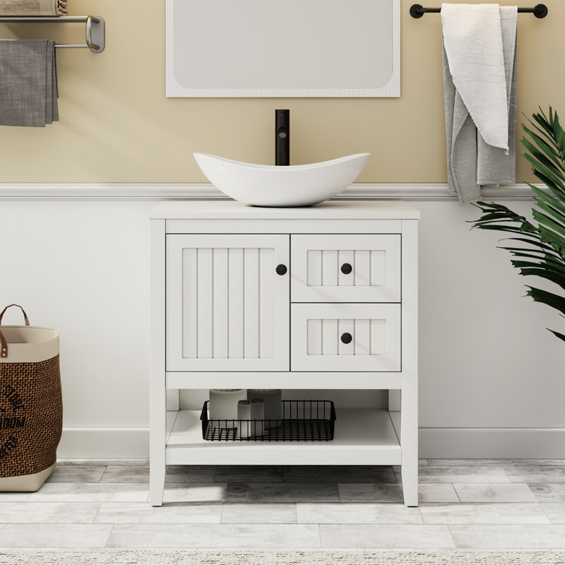 Ensemble de meuble-lavabo simple 30 po avec lavabo vasque, robinet et drain Sharee, assemblage requis, Blanc