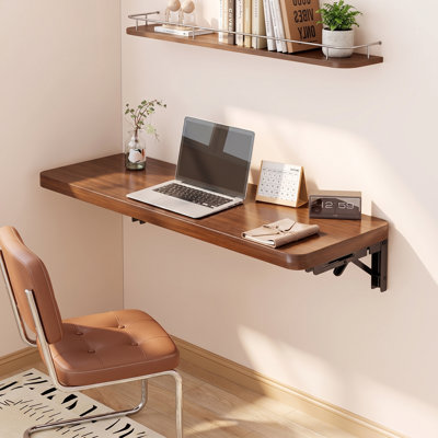 Bureau mural pliable en noyer, table flottante gain de place avec étagères, bureau mural multifonctionnel pour chambre, bureau à domicile et petits espaces