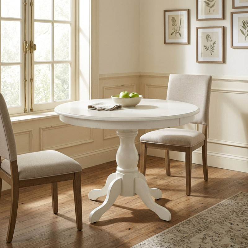 Linen White Wood Round Dining Table Set 3 Piece Pedestal with 2 Dining Chairs
