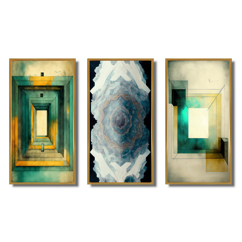 "La géométrie sacrée dans des tons de couleur rétro", 3 pièces sur toile, Cadre flottant doré, H 40 po x l 60 po