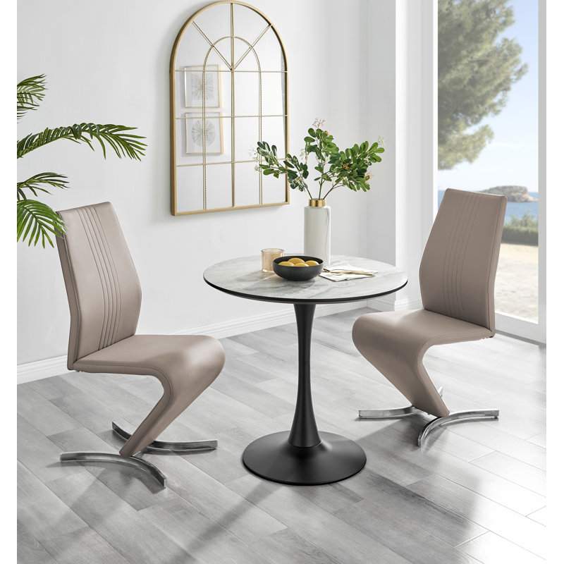Ellis White Marble Effect Melamine Round Dining Table Set with 2 Modern Design Faux Leather Chairs, Cappuccino
