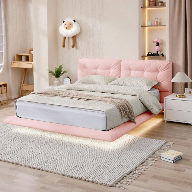 Structure de lit flottant pour grand lit avec lumières DEL, lit plateforme en similicuir avec tête de lit capitonnée, Rose