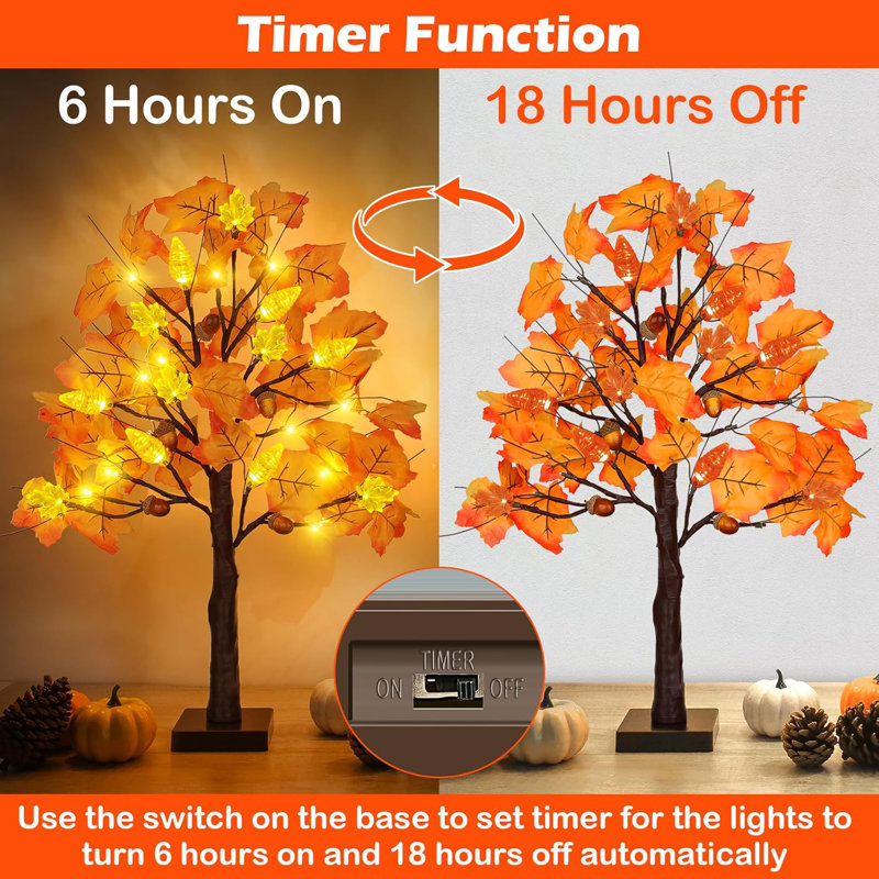 2 Pack 24 Inch Prelit Fall Maple Tree Thanksgiving Decorations With 48 LED Lights