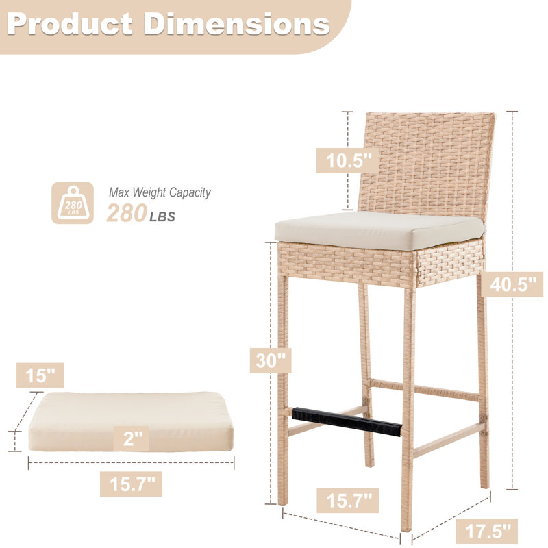 Susu Polyethylene (PE) Wicker Outdoor 30'' Bar Stool with Cushion, Yellow, Beige