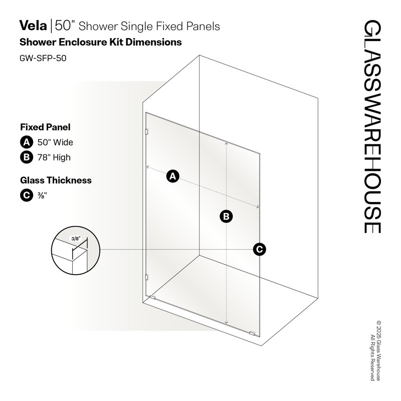 Vela 50 in. x 78 in. Fully Frameless Single Fixed Shower Panel, Satin Brass