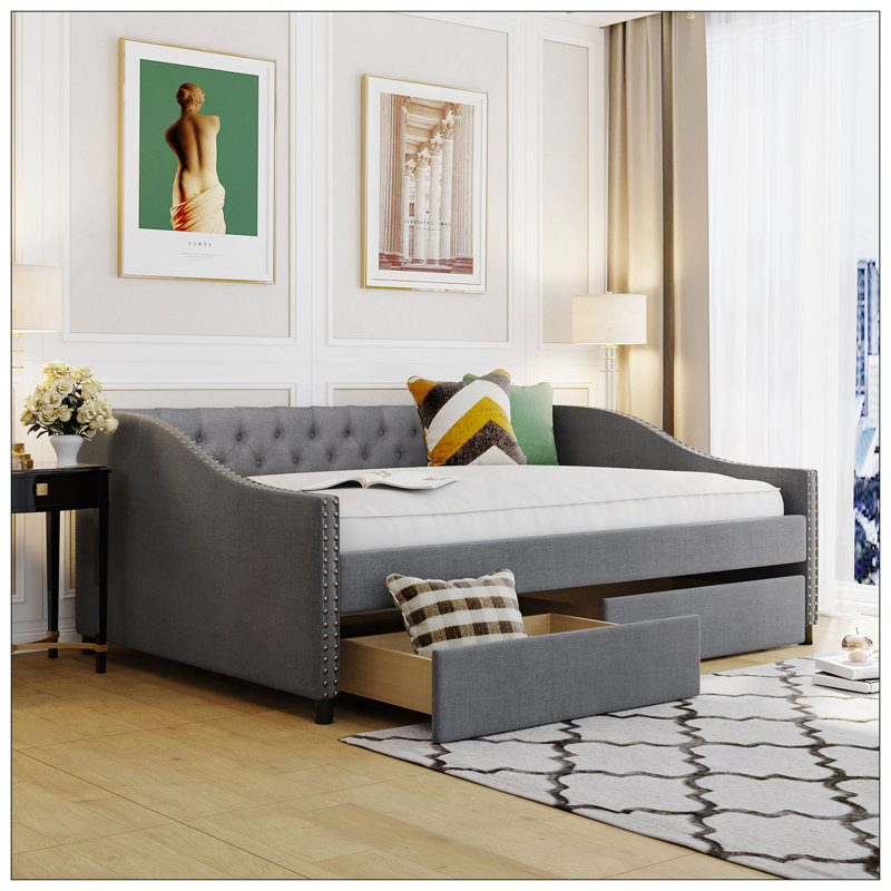 Upholstered Daybed With Two Drawers, Wood Slat Support, Full Size, Gray