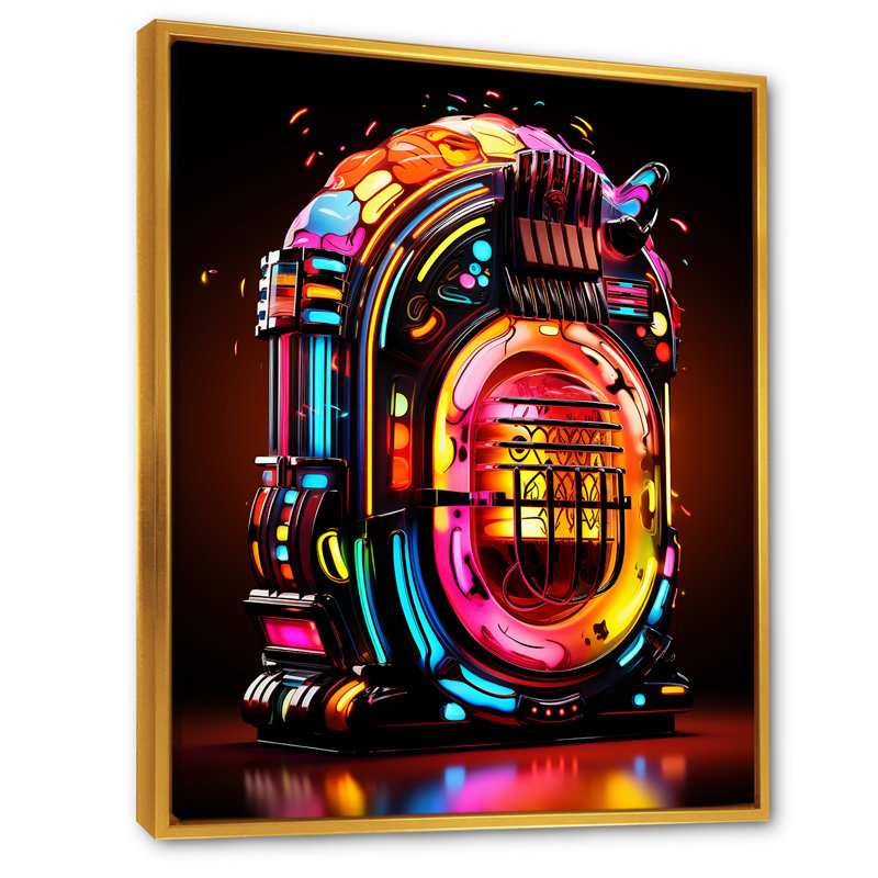 Jukebox Machine Neon Grooves 1 - Jukeboxes, art mural, Cadre flottant doré, H 32 po x l 24 po x P 1 po