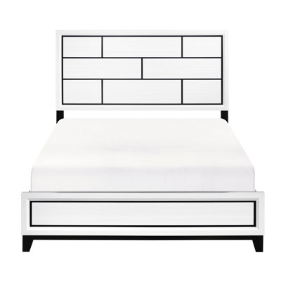 Lit double en bois blanc à finition blanche, style moderne avec lit d'appoint à lignes noires et construction en bois