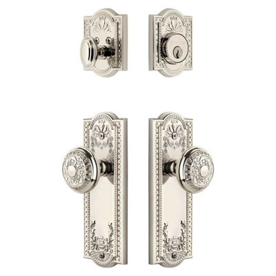 Ensemble de grandes plaques d'entrée Grandhen Parthenon avec bouton Windsor en nickel poli