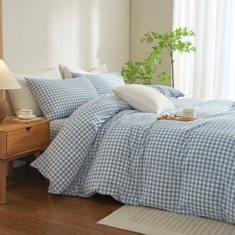 Ensemble de housse de couette en vichy 100% coton délavé à carreaux XINMIANFANG Gingham, Bleu / blanc