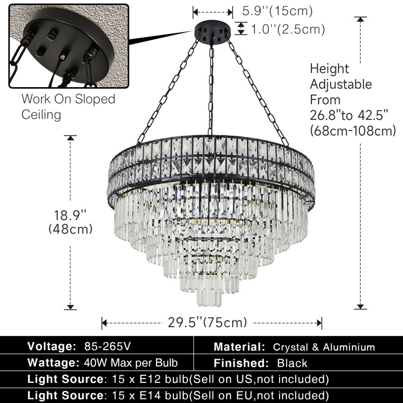 Lustre empire en cristal Imma, Noir, noir, noir, noir, H 42,5 po x l 29,5 po x P 29,5 po