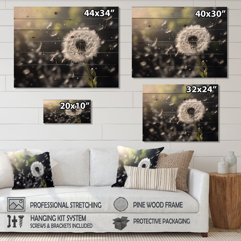 Simaya White Black Dandelion Whispers III sur impression de bois, H 30 po x l 40 po x P 0,78 po