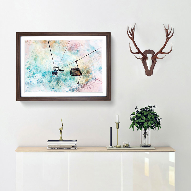 Riding the Ski Lift in Abstract - Picture Frame Painting Print, 35cm H x 50cm W x 2cm D, Walnut